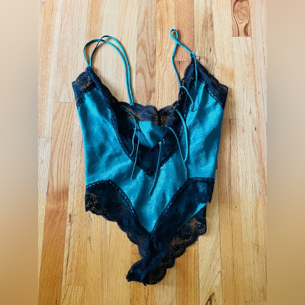Vintage 1980s Victorias Secret Green Black Lace One Piece Sexy Lingerie Nighty